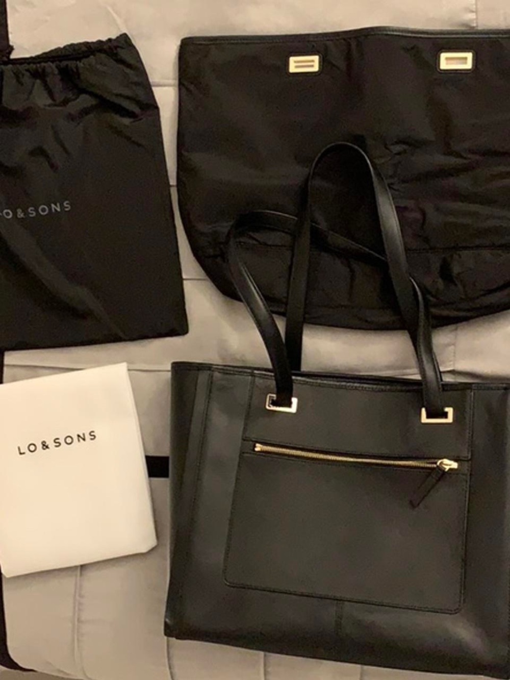Lo & Sons Black & Grey 3 piece Leather Tote with Gold Accents